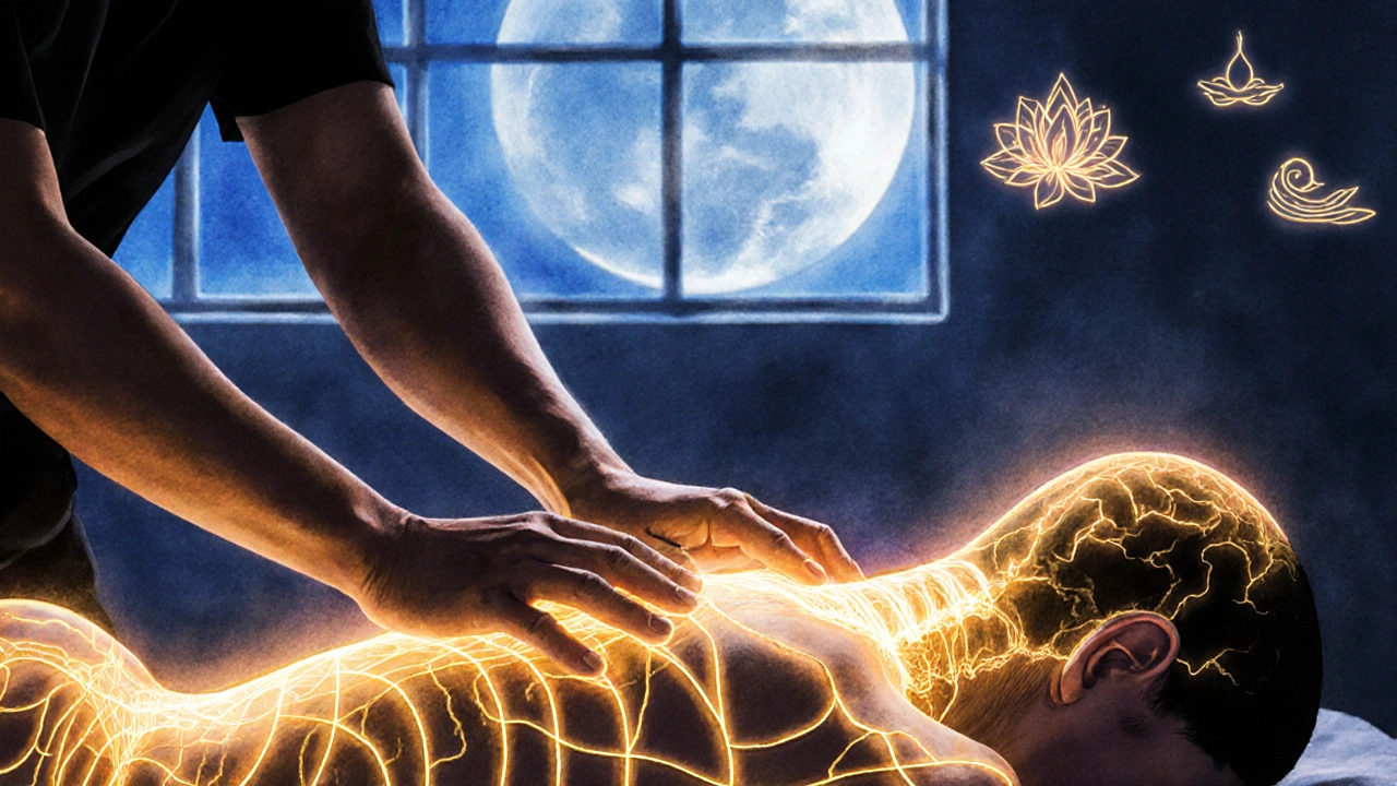 Glowing golden lines představují energetické cesty v těle, které se uvolňují během thajské masáže.