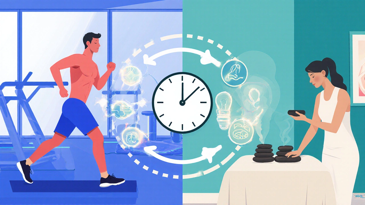 Ilustrace přechodu z posilovny k masážnímu pokoji v rámci denního wellness plánu.