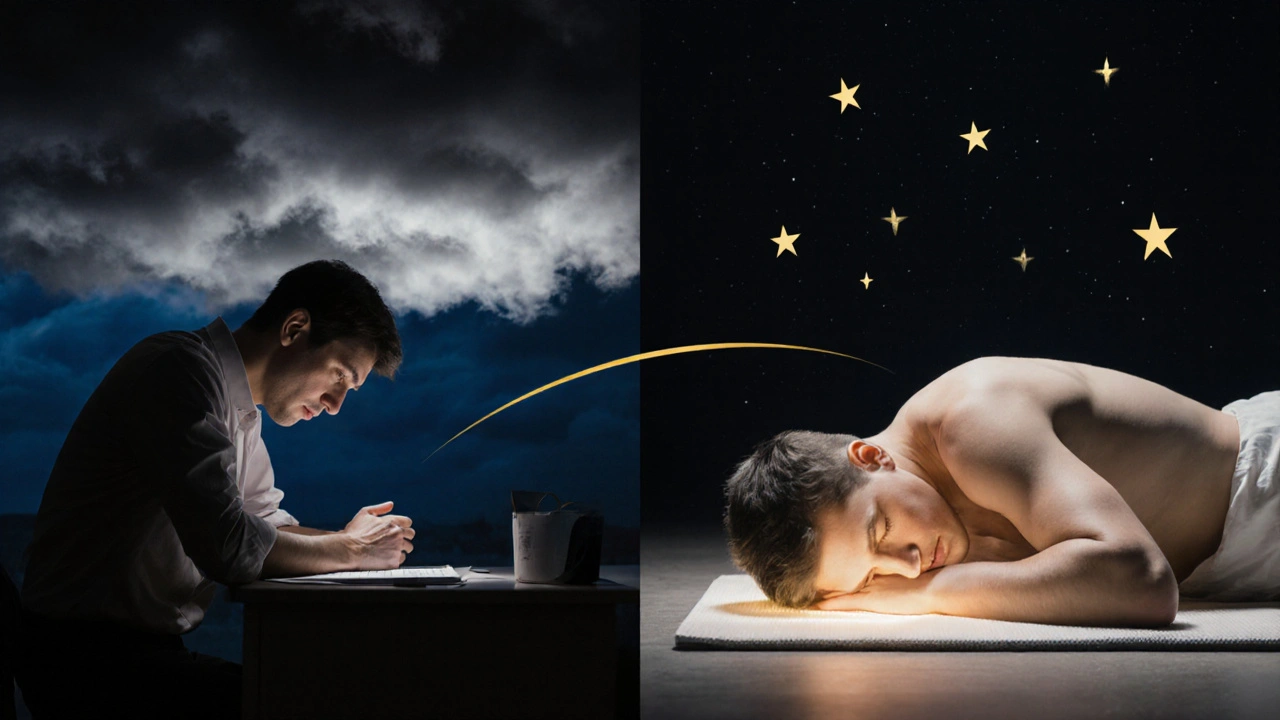 Kontrast mezi napjatým stavem před masáží a klidem po ní, znázorněný vizuálně bez textu.