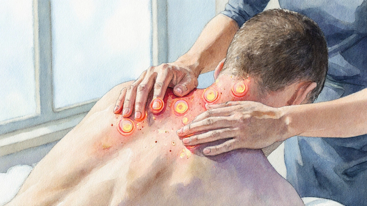Masér masíruje trapézové svaly, světélkující body spouštěče.