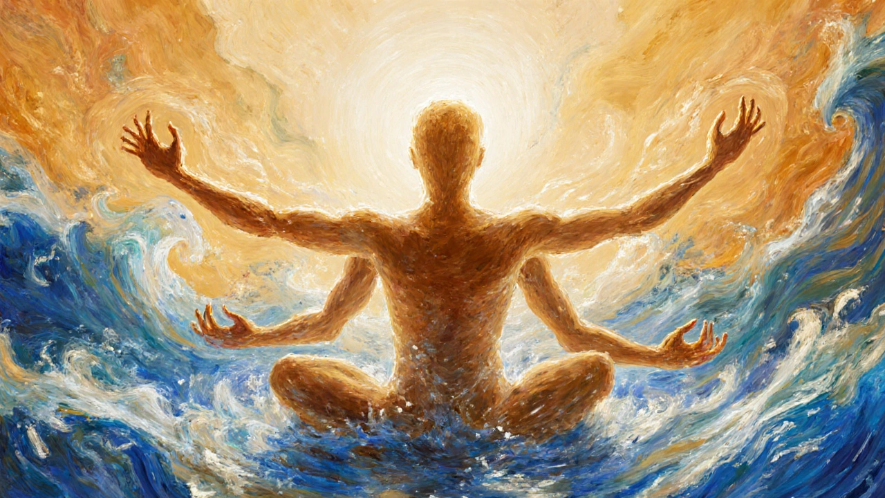 Abstraktní vlny teplých barev spojují všechny části těla, symbolizující celistvost a harmonii.