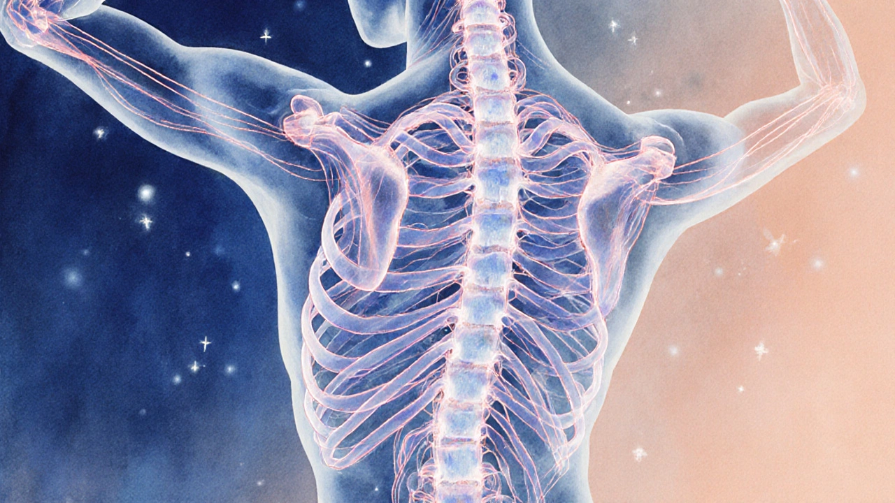 Abstraktní znázornění fascií jako jemných hedvábných vláken, která se pomalu obnovují.