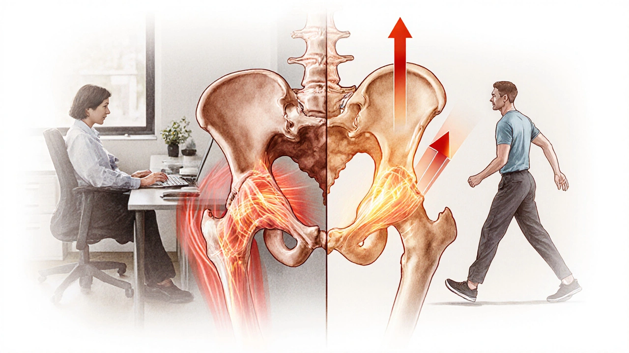 Anatomická ilustrace kyčelního kloubu s uvolňujícími masážními pohyby a zvýšeným krevním oběhem.