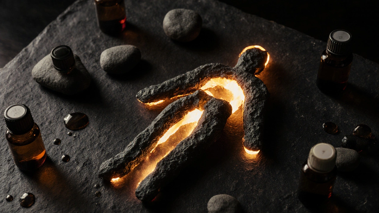 Bazaltové kameny tvarující lidský kontur, vyzařující teplo jako rozžhavené uhlí.