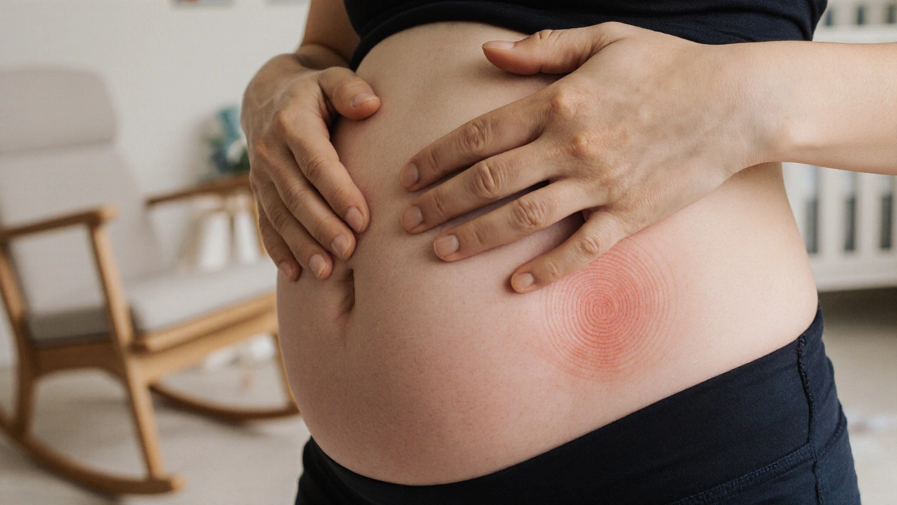 Jemný dotek na hojící se jizvě po řezu, ruce podporují tělo k zotavení.