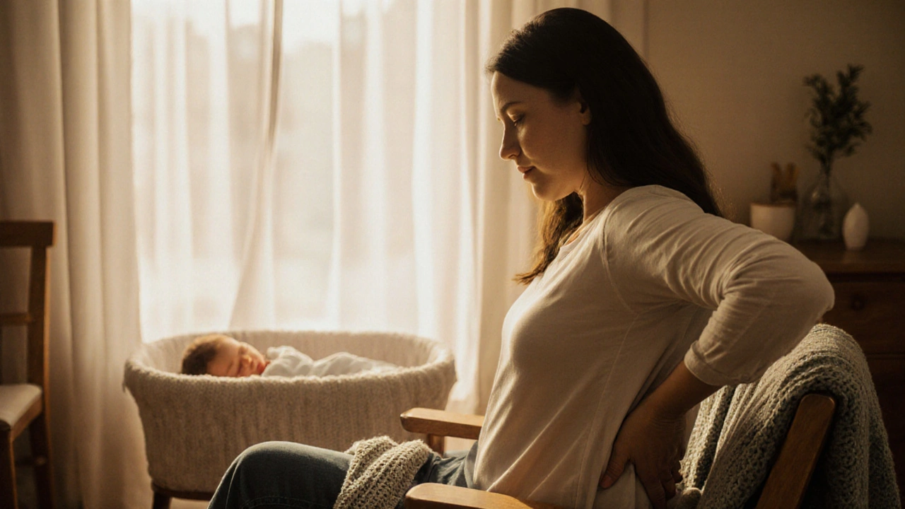 Nová máma si dělá samomasáž záda, zatímco její dítě spí v blízkosti.