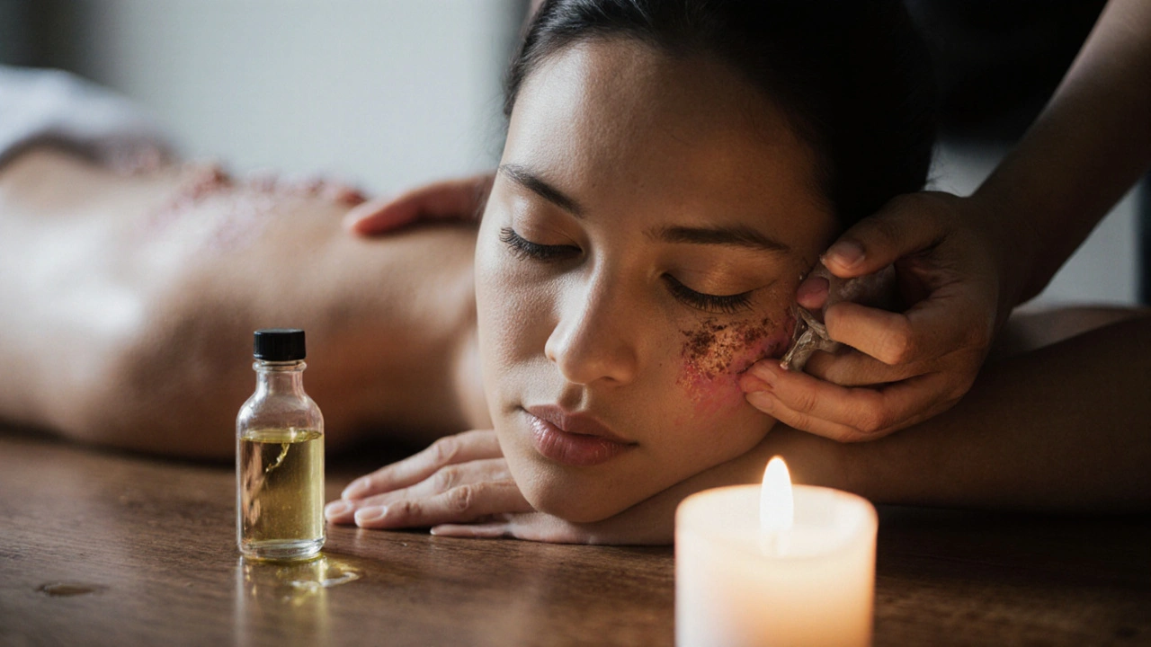 Osoba po sezení Lomi Lomi, slzy na tváři, ruka na prsou, svíčka osvětluje klidnou chvíli.