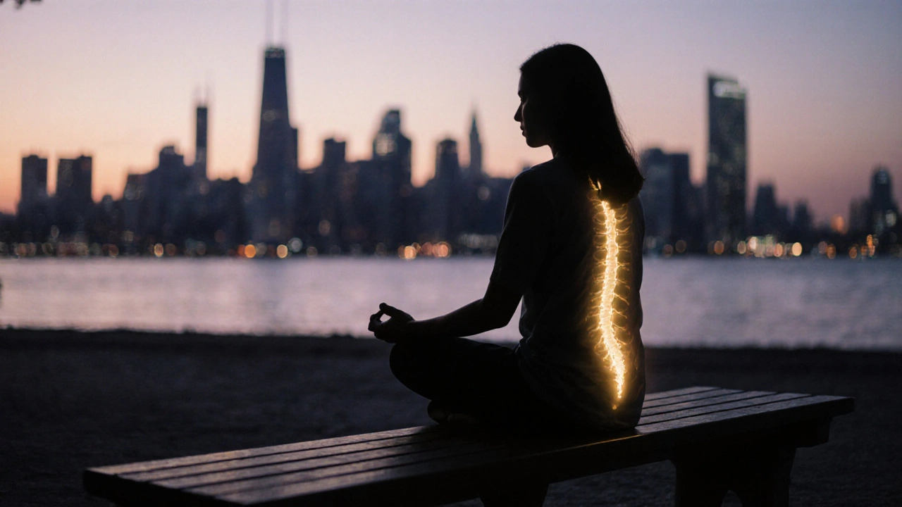 Osoba v klidu s jemným zářením od páteře, hrudníku a kyčlí v soumraku.