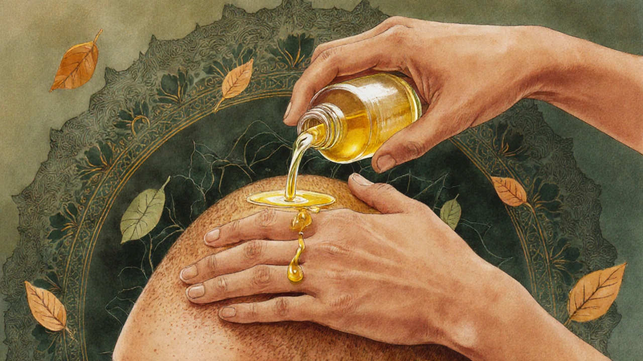 Ruce aplikují teplý bylinný olej na plece a hlavu, s jemnými světelnými čárami pod kůží.