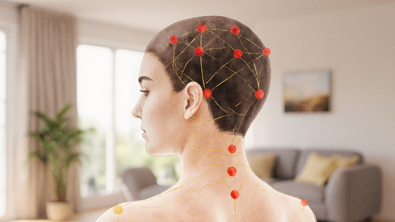 Schematický nákres pěti klíčových bodů na těle pro zmírnění migrény.