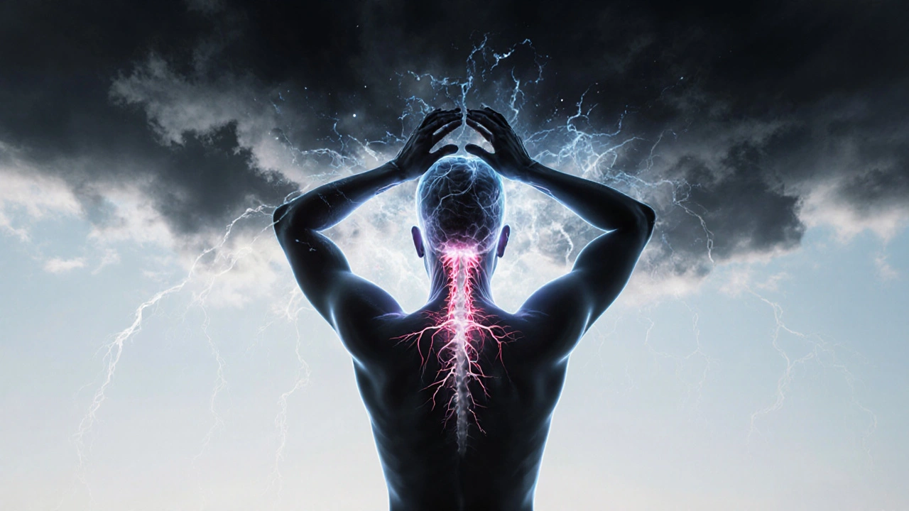 Symbolická scéna uvolnění napětí z ramen a krku při migrénu.