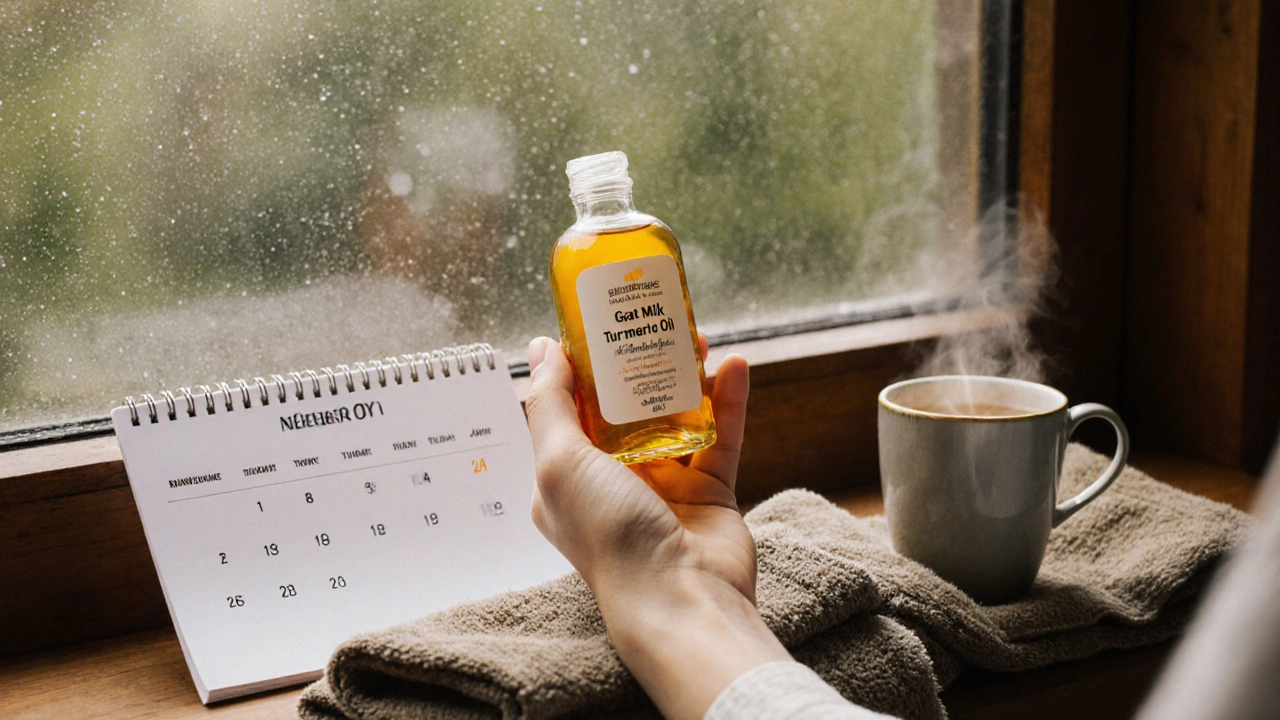 Teplý olej, kalendář a teplá čajová šálka symbolizují pravidelnou denní praxi.
