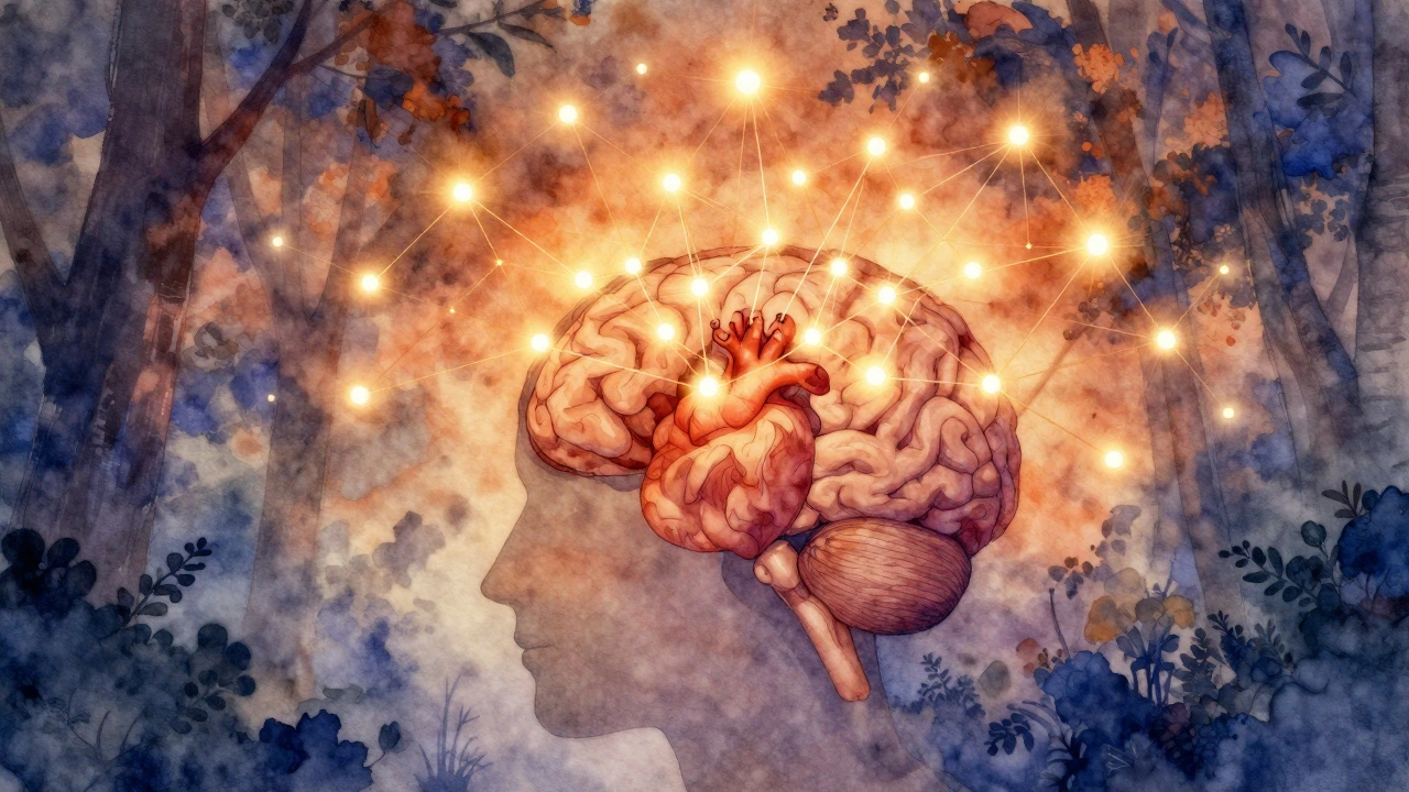 Abstraktní znázornění světelných bodů energie na hlavě spojených zlatými linkami směrem k mozku.