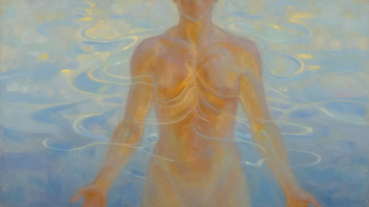 Abstraktní znázornění vlnící se energie uvolňující se z těla v barvách zlata a modři.