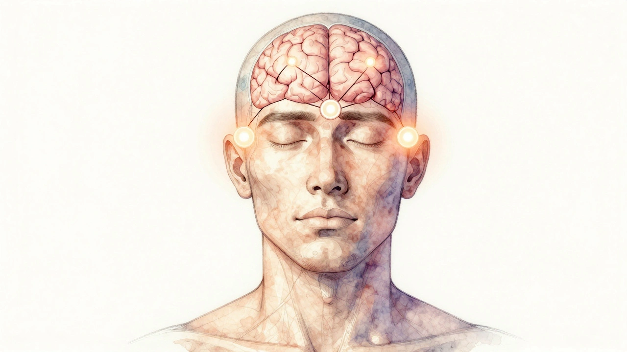 Anatomická ilustrace s označenými klíčovými body pro antimigrenozní masáž.