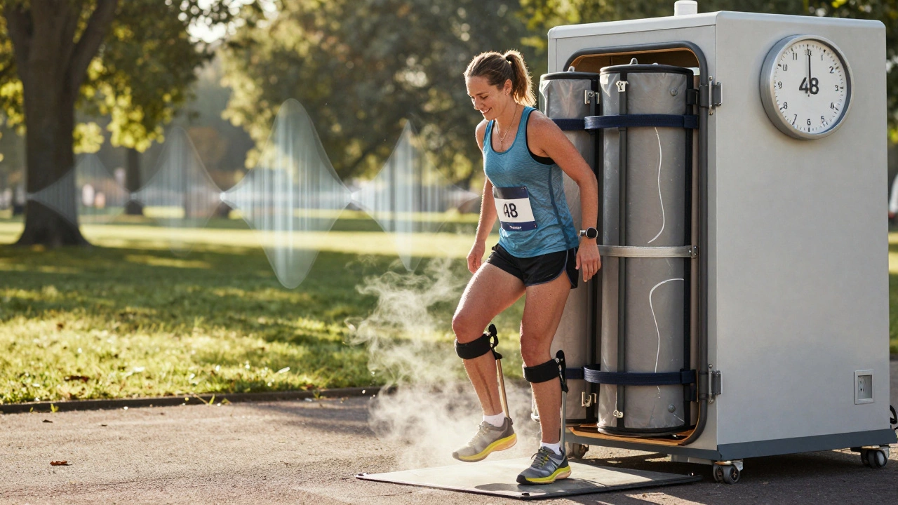 Běžkyně vystupuje z vakuové komory po maratonu, vypadá odpočatá a spokojená.