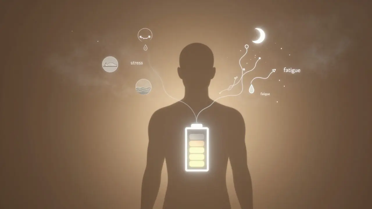 Metafora nabíjení těla jako baterie – voda, spánek a klid obklopují člověka, stres se rozptyluje.