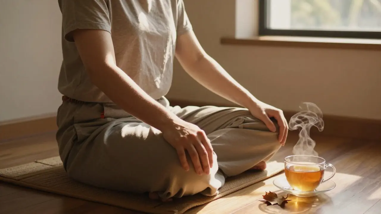 Osoba sedí v klidu po masáži, září jarní slunce, u nohou je šálek čaje.