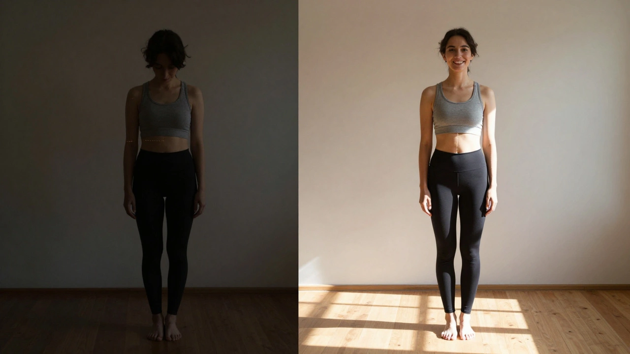 Před a po: jedna strana ukazuje bolestivý postoj, druhá strana rovnováhu a klid.