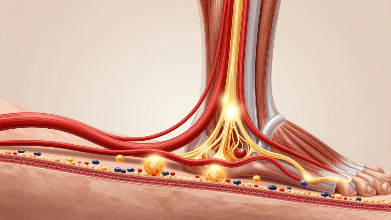 Průřez nohy sportovce ukazující zvýšený krevní oběh a odtok lymfy během vakuoterapie.