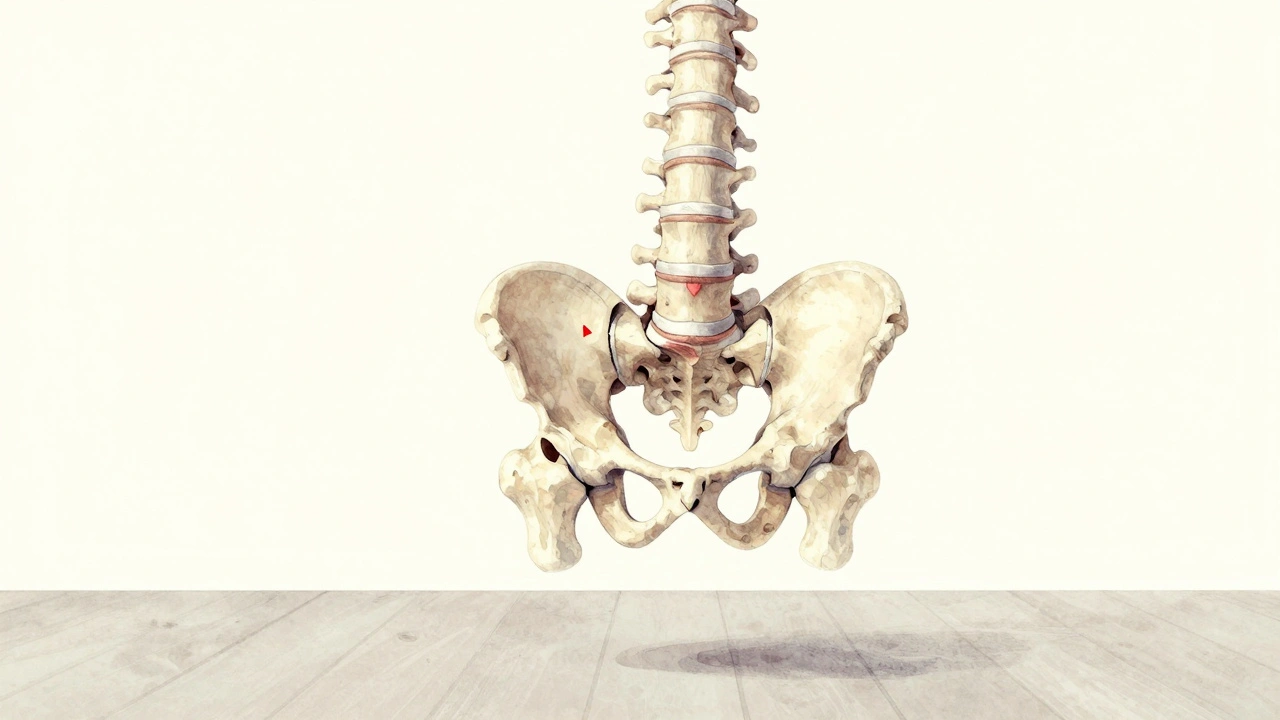 Schematický nákres páteře a kyčle s jemným posunem kloubu a jeho přirozenou opravou.