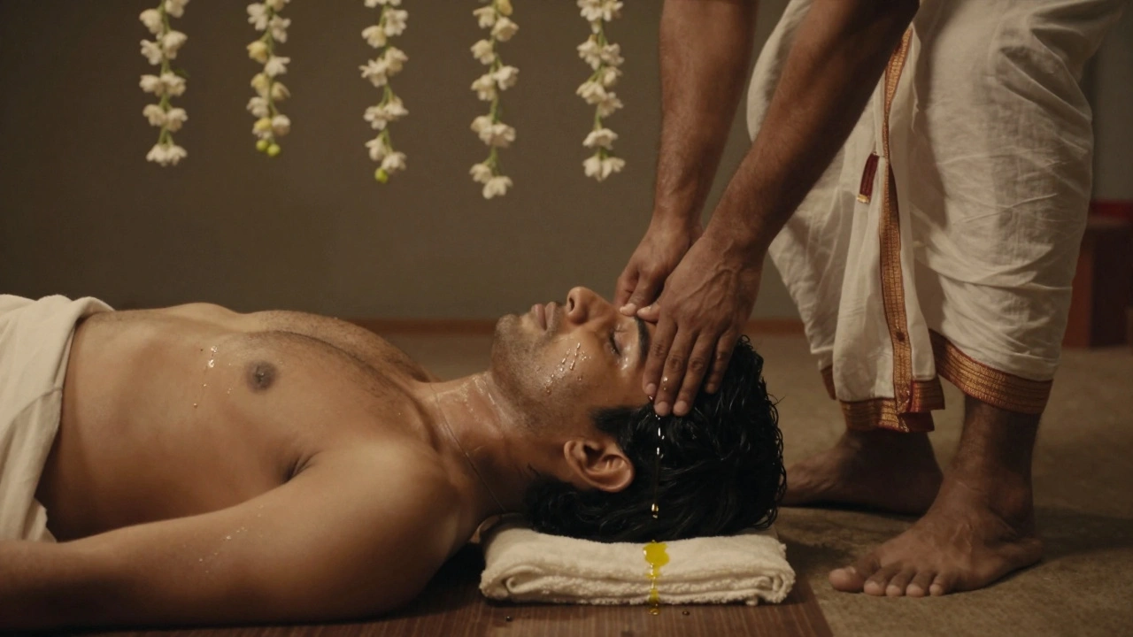 Tradiční indická masáž hlavy probíhá pod jasmine, s emoce v očích klienta a olejem na kůži.