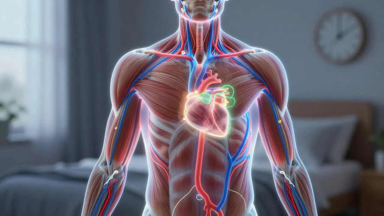Vnitřní procesy těla během regenerace: krevní tok a lymfa v těle, uvolněné svaly a klidná atmosféra.