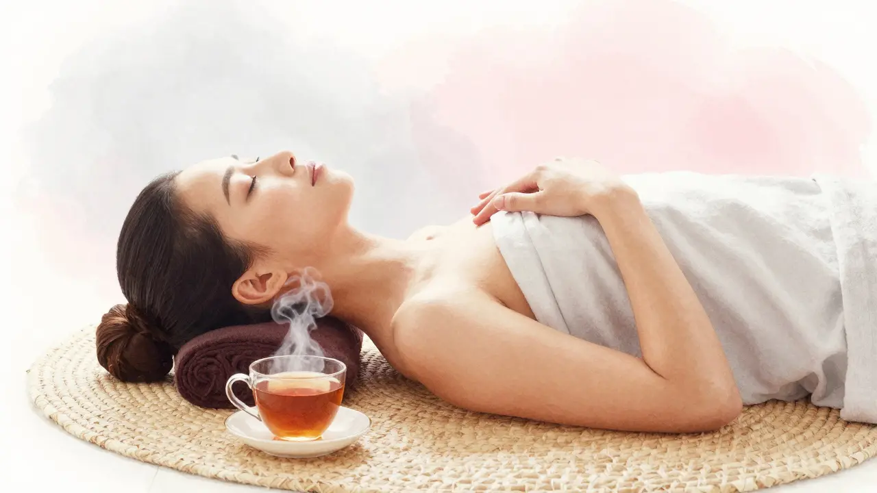 Osoba po thajské masáži, klidně leží s otevřenými očima, dýchá hluboce, vedle ní čaj, klidné osvětlení.