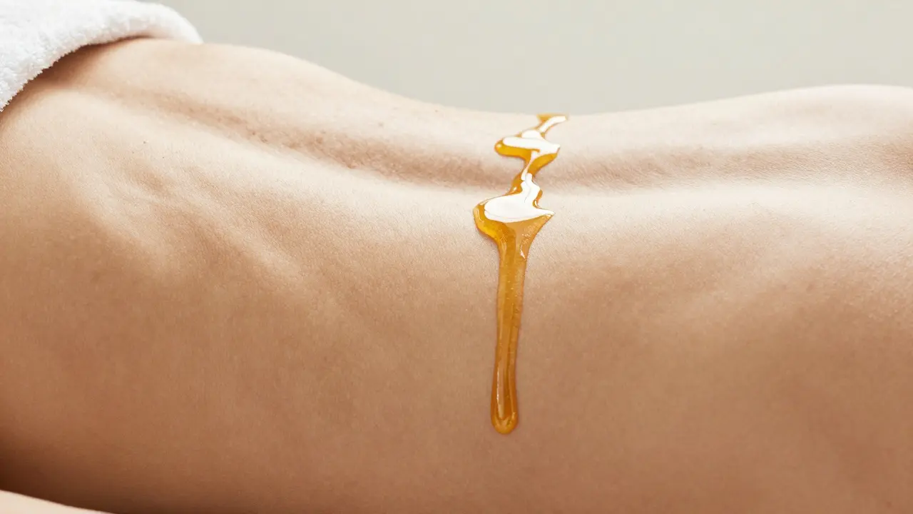 Porovnání kůže před a po medové masáži: zdrsněná vs. hladká plocha spojená zlatým medem.