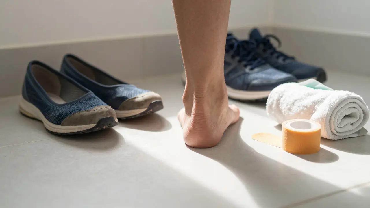 Porovnání nevhodné a podpůrné obuvi s léčebnými pomůckami na koupelně.