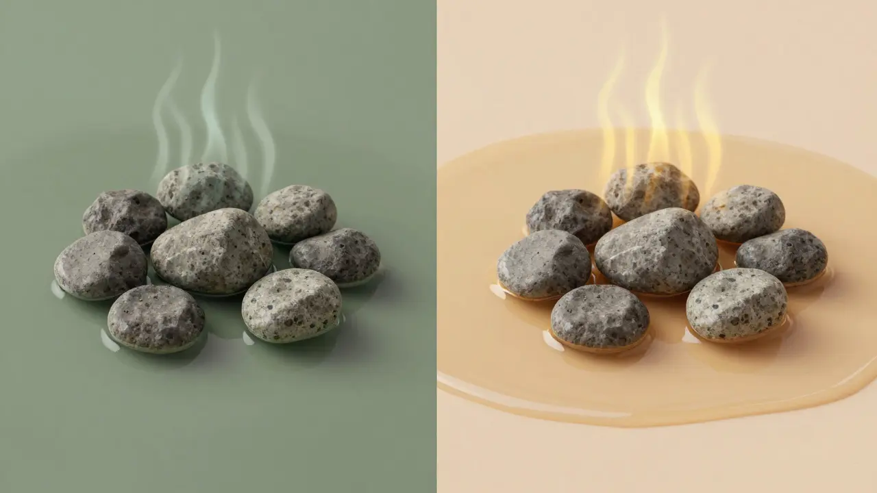 Rozdělený obraz: kameny ve vodě a na kůži s tepelnými vlnami.