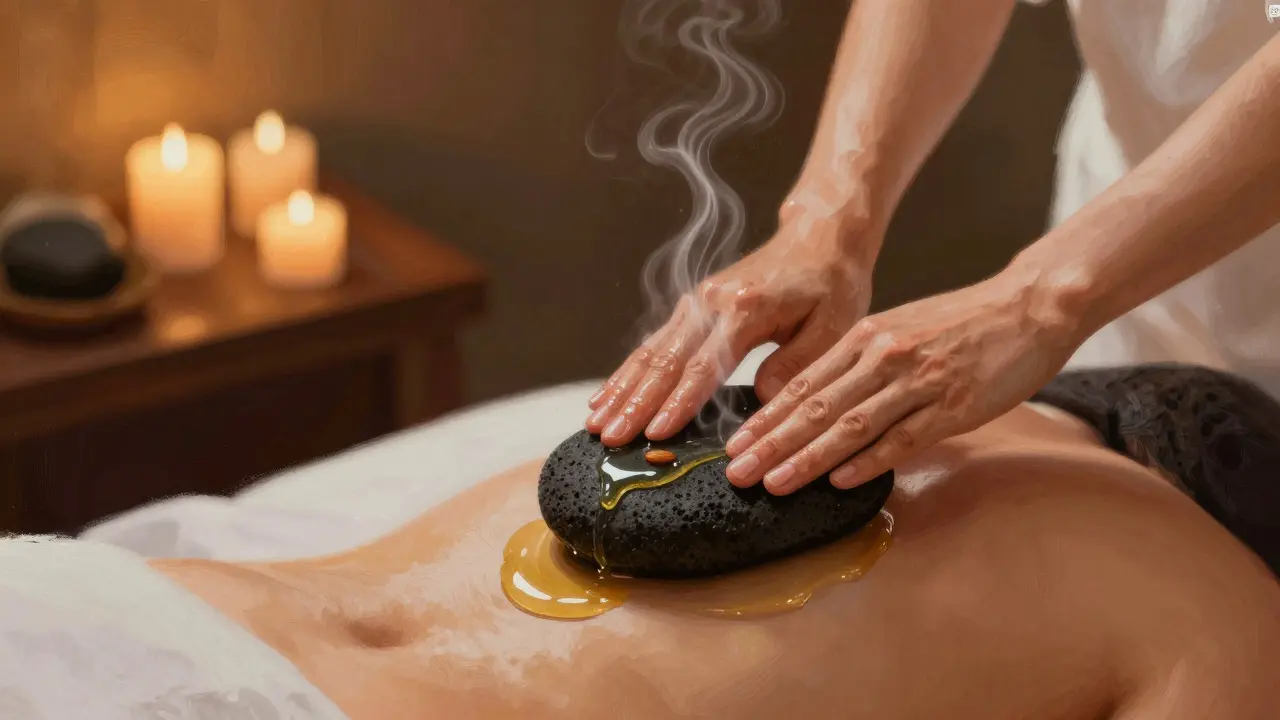 Ruce potírají horký lávový kámen olejem, voda se vypařuje z povrchu.