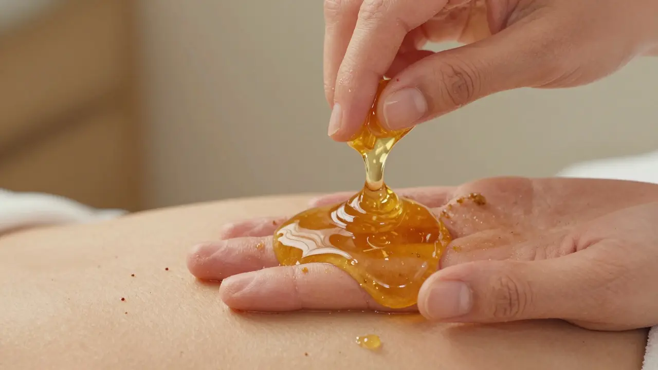 Ruka odtrhávající med od kůže, s vlákny medu se táhnoucími mezi kůží a rukou.