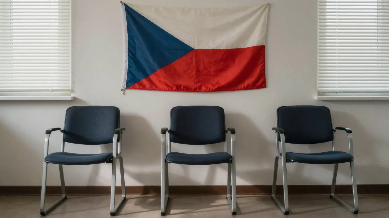 Tři prázdné židle v bance směřující do Vídně, Paříže a Berlína, s osamělou českou vlajkou na zdi.