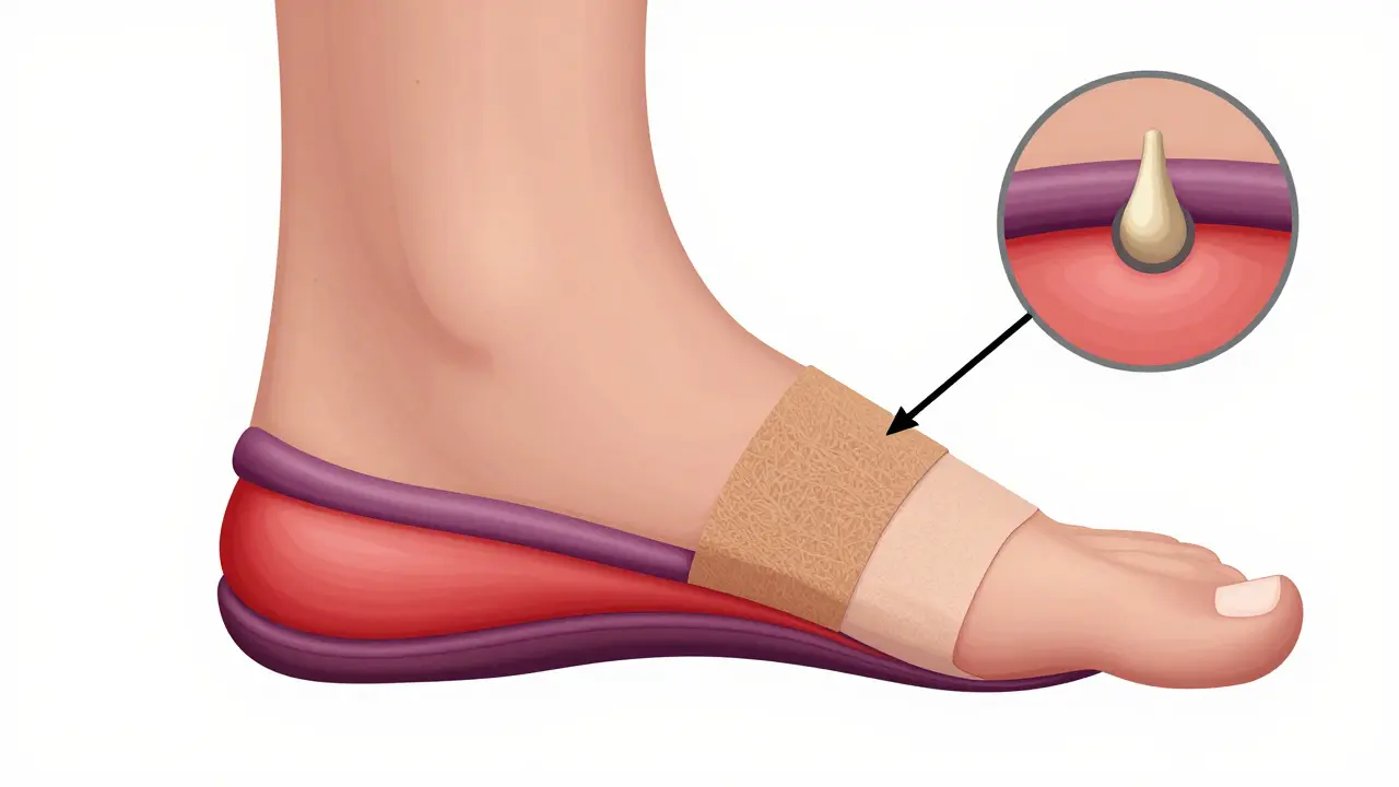 Zvětšený náčrt nohy s kostní ostruhou a zánětem šlachy pod podpěrou tejpu.