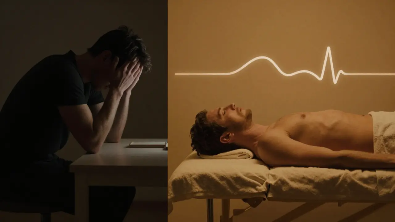 Dvojitý pohled: napjatý člověk vs. ten samý člověk v klidu po masáži, symbolizující přechod ze stresu do odpočinku.