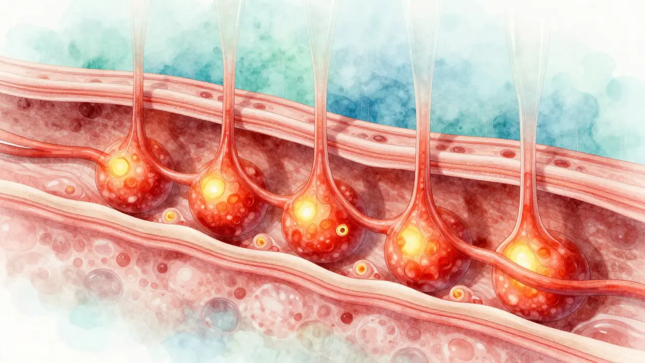 Mikroskopický pohled na krevní cévy a lymfu pod kůží během vakua terapie s teplými odstíny.