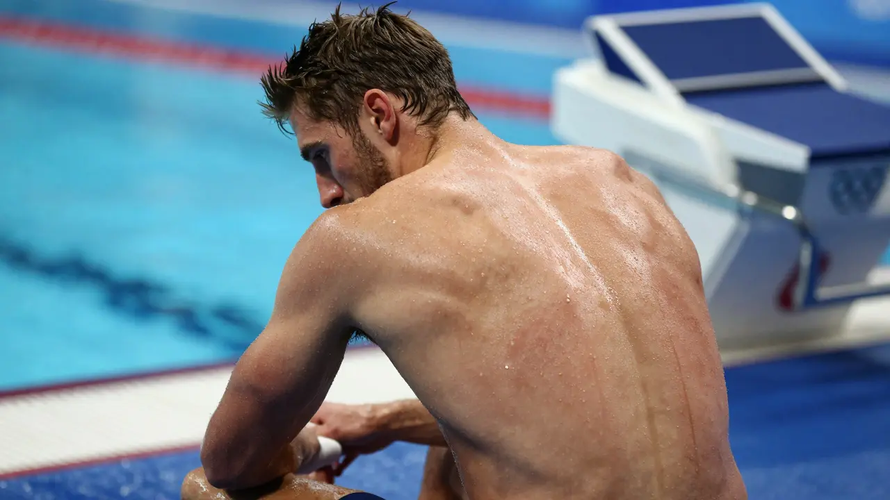 Olympijský plavec Michael Phelps s modrými kruhy po baňkování.