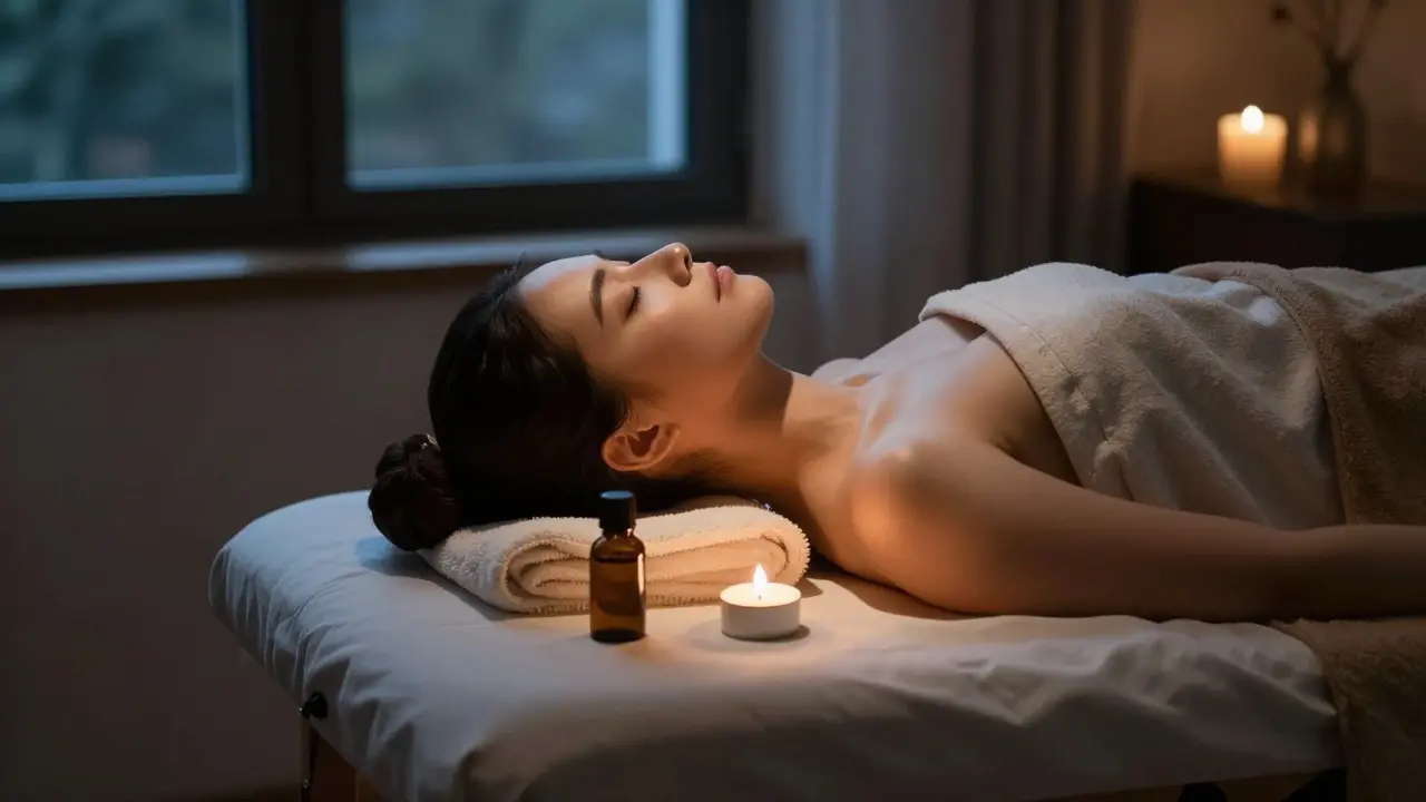 Osoba klidně leží doma na masážní tabuli v atmosféře klidu a samopéčení.