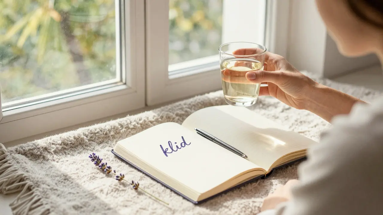 Osoba pije vodu u okna ráno, v pozadí klidný výhled na stromy, na stole lila a sešit s nápisem 'klid'.