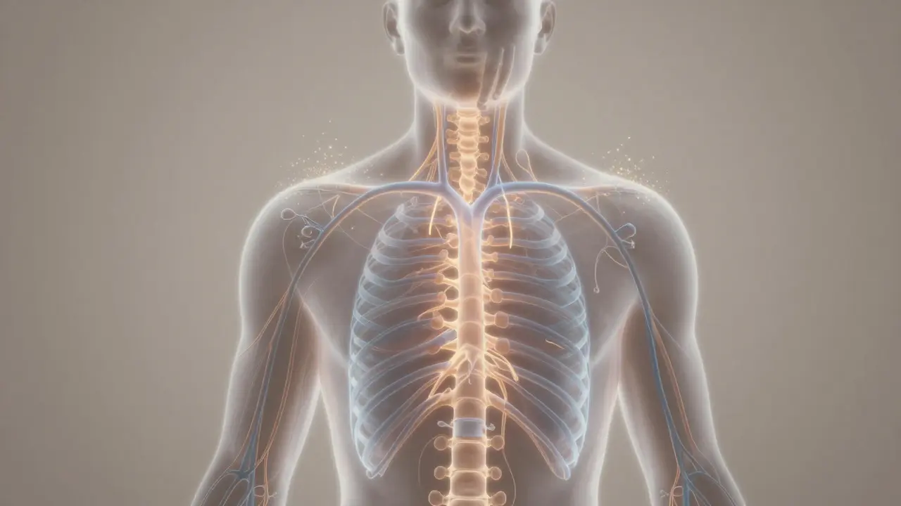 Průhledný lidský organismus s svítícími cévami a lymfatickými cestami, kde napětí mizí v zlatých částicích.