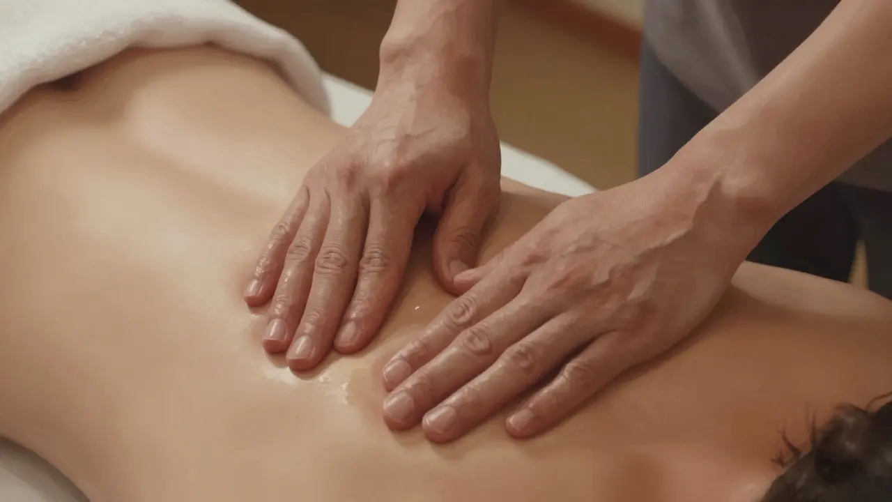 Ruce provádějící pět klasických technik masáže na zádech s přirozeným olejem.