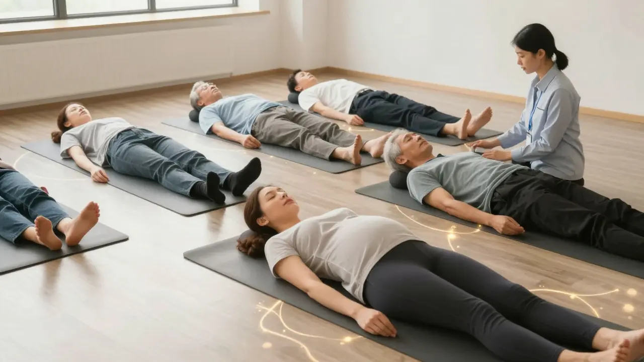 Různí lidé klidně leží na futonech v tichém prostoru, zažívají hluboký klid.