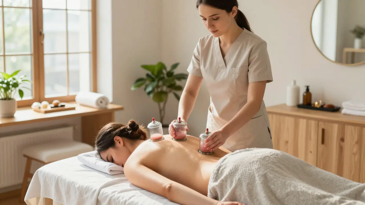 Terapeut provádí suché baňkování na zádech klienta v českém wellness salonu.