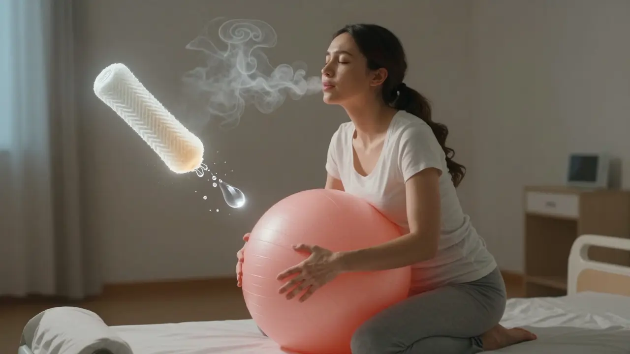 Žena na porodní míči v klidné místnosti, kolem ní plavají symboly hlenového plugu a vody.