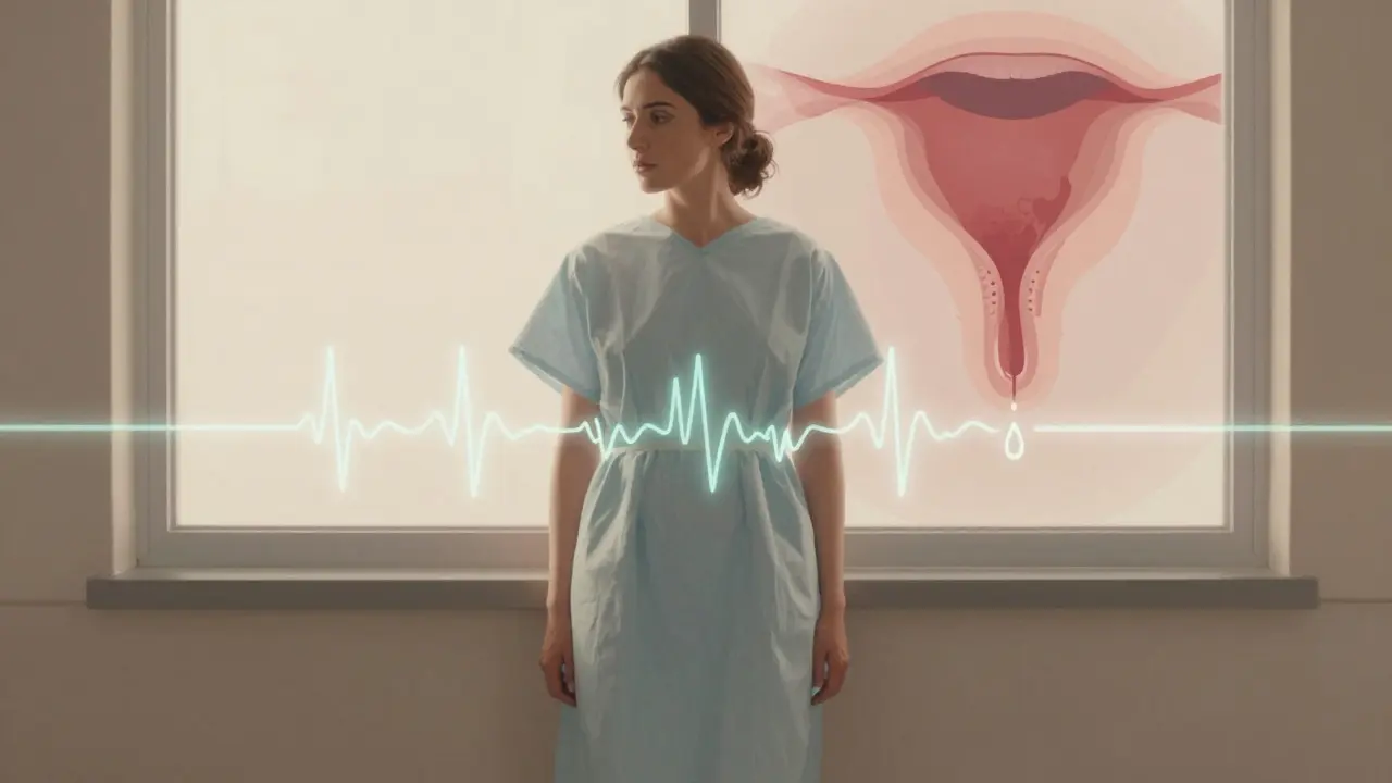 Žena v porodní šatě stojí u okna, kolem pasu se objevují pulzující čáry kontrakcí.