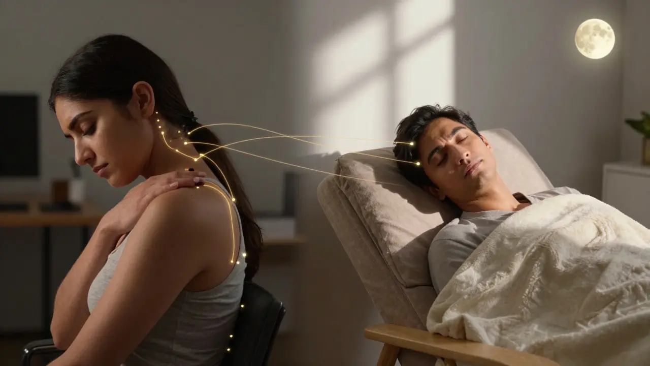 Dvě strany jednoho člověka: napjatý v kanceláři vs. klidně spící po masáži hlavy, s jemným měsíčním světlem a dekou.