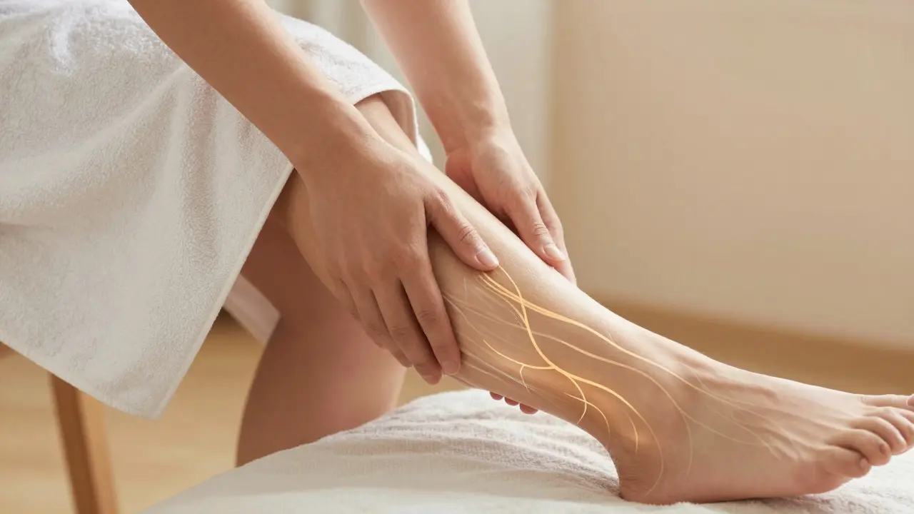 Pacient provádí domácí samomasáž nohy s jemnými pohyby směrem k stehnu.