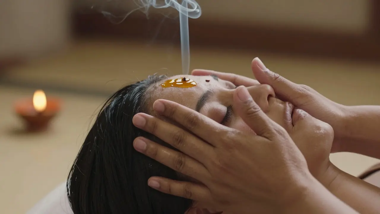 Ruce provádějí jemnou akupresuru na čele a za ušima, s leskem teplého oleje na kůži hlavy a jemným kouřem kadidla na pozadí.