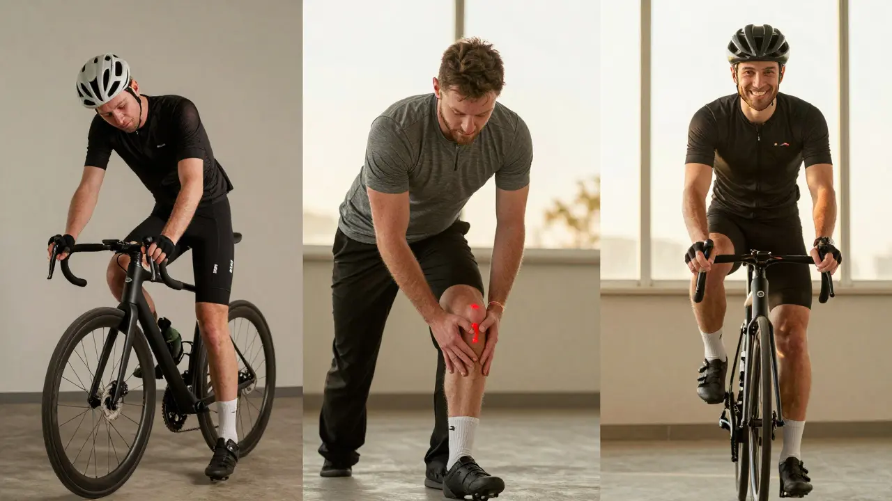 Tři fáze obnovy cyklisty: únavy, masáže a připravenosti na závod.